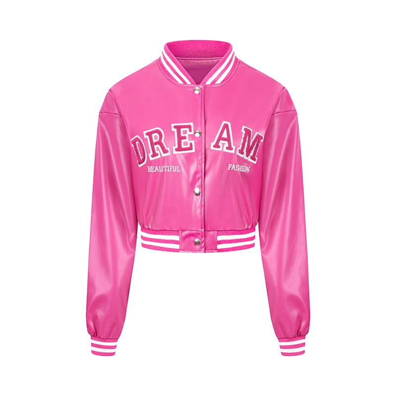 Women s leather jacket Women s pu leather jacket Thin spring and autumn coat Women s locomotive clothing Baseball high-waisted leather jacket M
