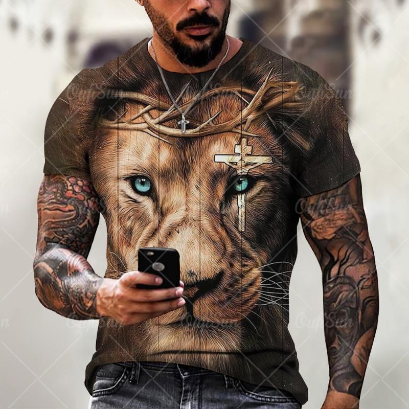 Christ Jesus T-Shirts for Men 3D Lion Printed T-Shirt Summer Clothes Short Sleeve Streetwear Vintage