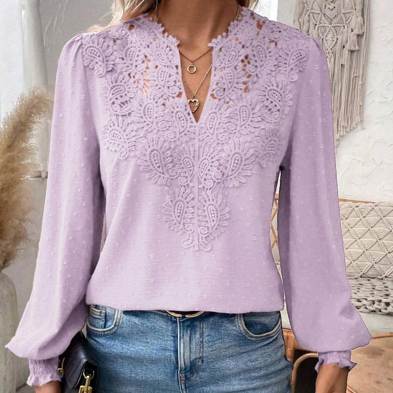 2025 Autumn/Winter New Collection, Fashionable V-neck, Lace, Solid Color, Long Sleeve, Casual Top, Women's Top, Autumn/Winter Interior, Elegant Design