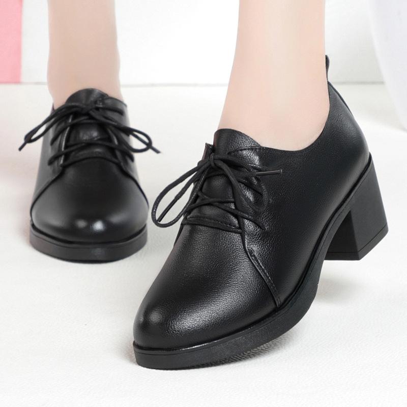Women's Soft Leather Mid-heel Chunky Heel Soft Sole Women's Single Shoes Lace-up Leather Shoes Women's Casual Work Shoes