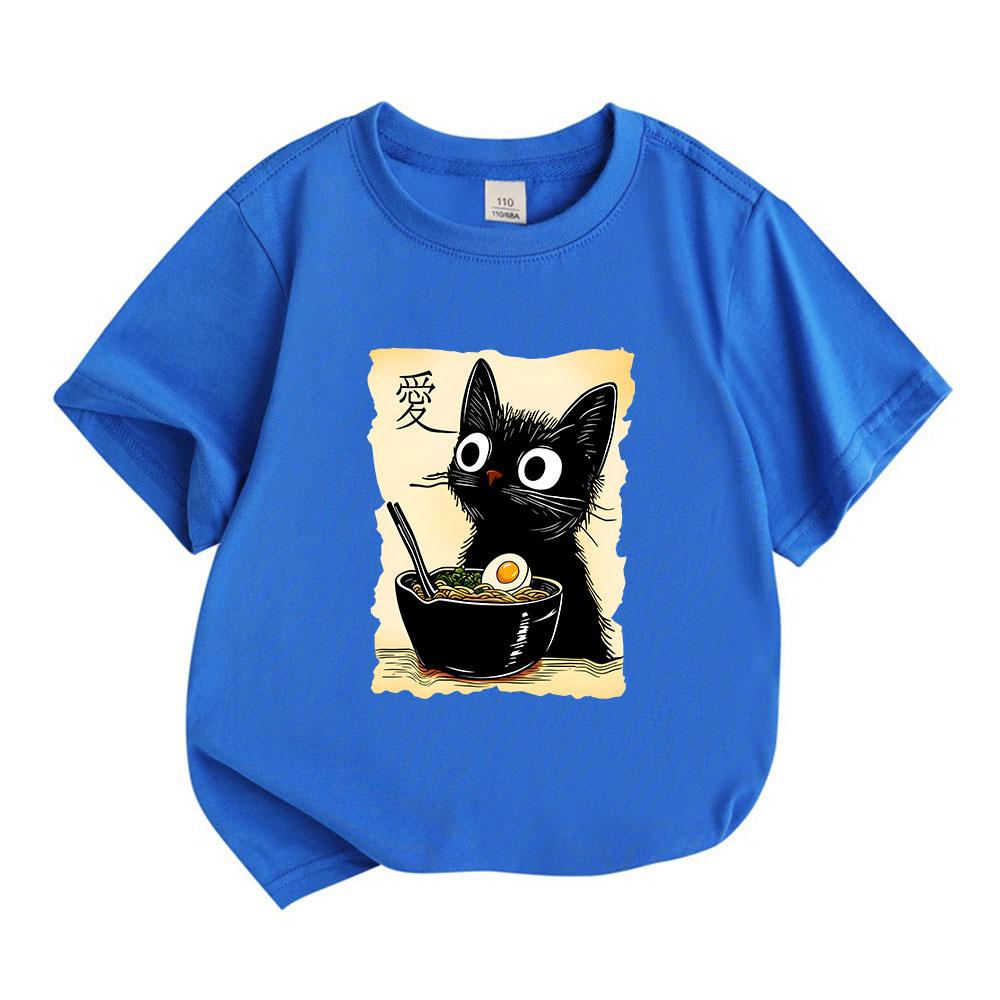 Kids Boys Girls 100% Cotton Crew Neck Short Sleeve T-Shirt, Cute Black Cat Ramen Noodle Graphic Tee Casual Summer Daily Wear Tops for Children
