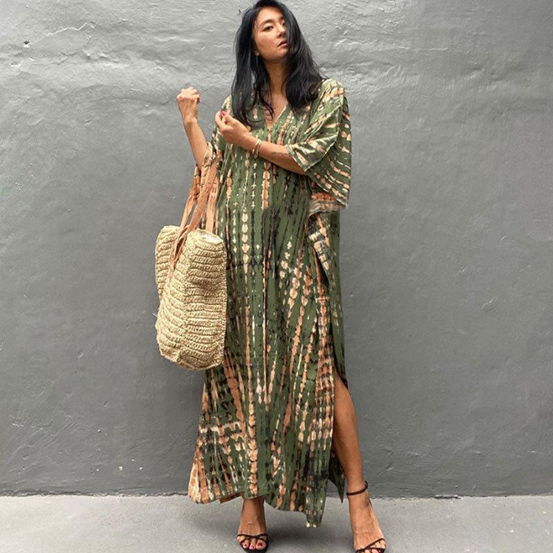 European & American Tie-dye Rayon Beach Dress: Loose, Long Seaside Vacation Robe & Bikini Cover-up with Sunscreen Shirt for Women