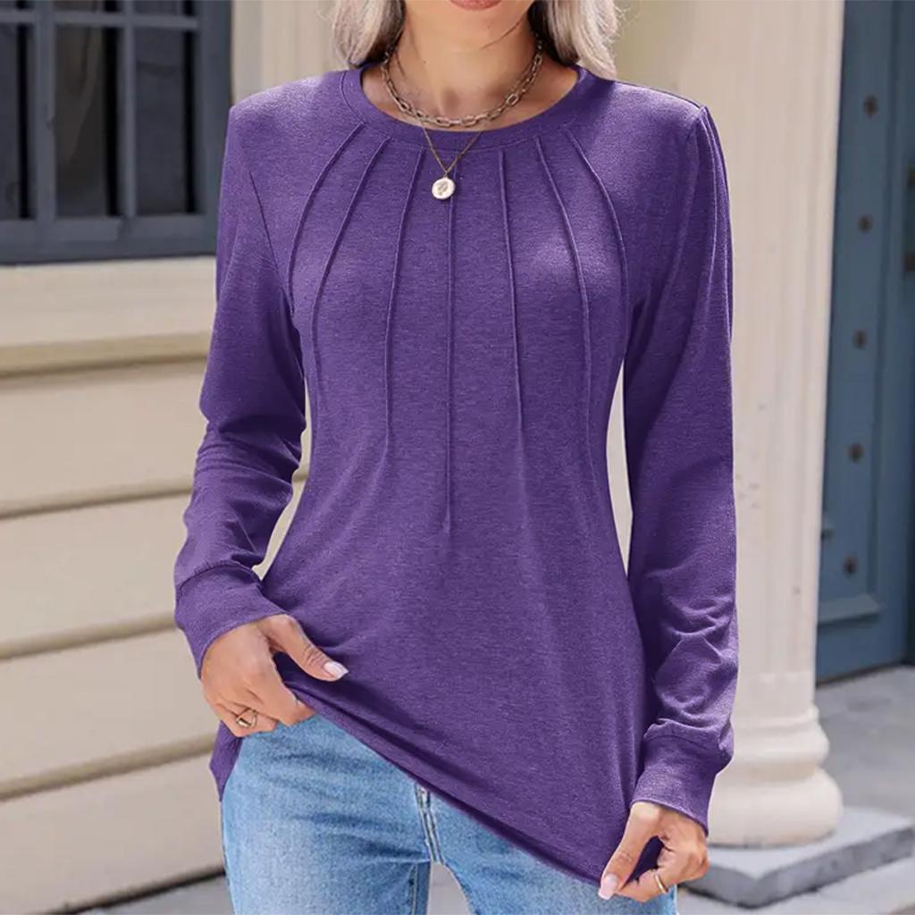 Women's Fashion Casual Solid Color Pleated Comfortable Round Neck Loose Long Sleeve T-shirt Top