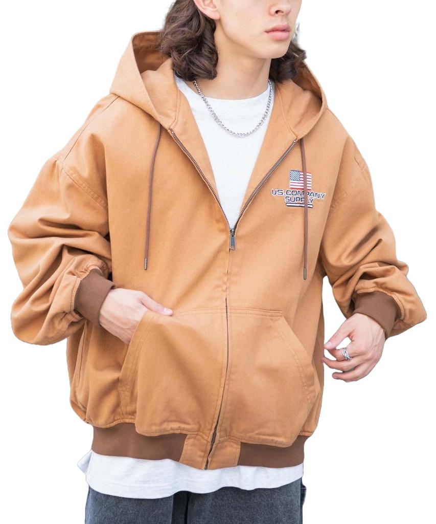 WEGO Hooded Oversized Size Brown Workers' Blouson, Outerwear, Jacket, Hoodie, Denim, Vintage, Streetwear, Silhouette, Casual, Unisex, Fall/Winter,