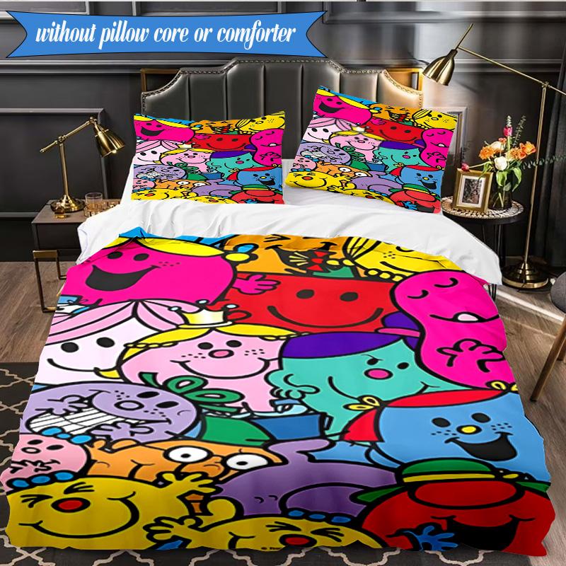 3PCS Mr Man Colorful Creatures Bedding Set 2D Printing (Includes 1 Duvet Cover + 2 Pillowcases Coreless), Bedroom decor,Fan gift