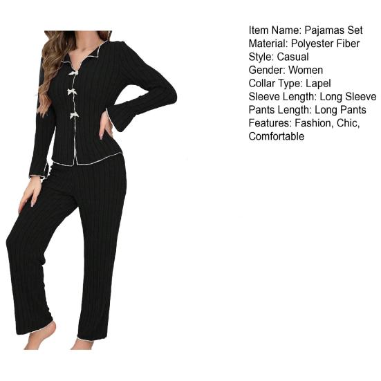 Women's 2 Piece Pajama Set Long-Sleeve Top with Bow And Long Pants Sleepwear Set Casual Fall Loungewear Pjs Set