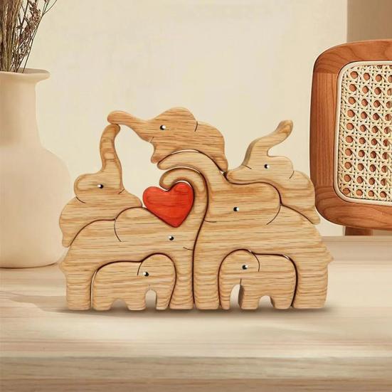 Wooden Elephant Family Puzzle Ornament Love Heart Mother Father Baby