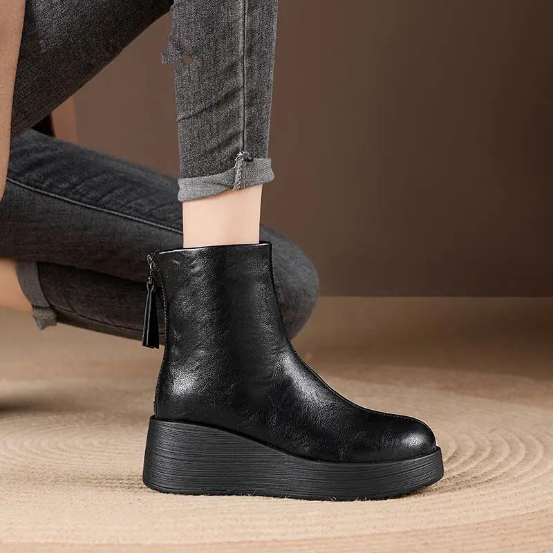 Back Zip Booties Fall New Round Toe Waterproof And Non-Slip Platform Wedge Shoes
