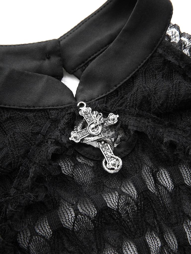 Rosegal Gothic Cold Shoulder Skull Cross Cut Out Panel Twist Crochet Lace Semi See Through Top