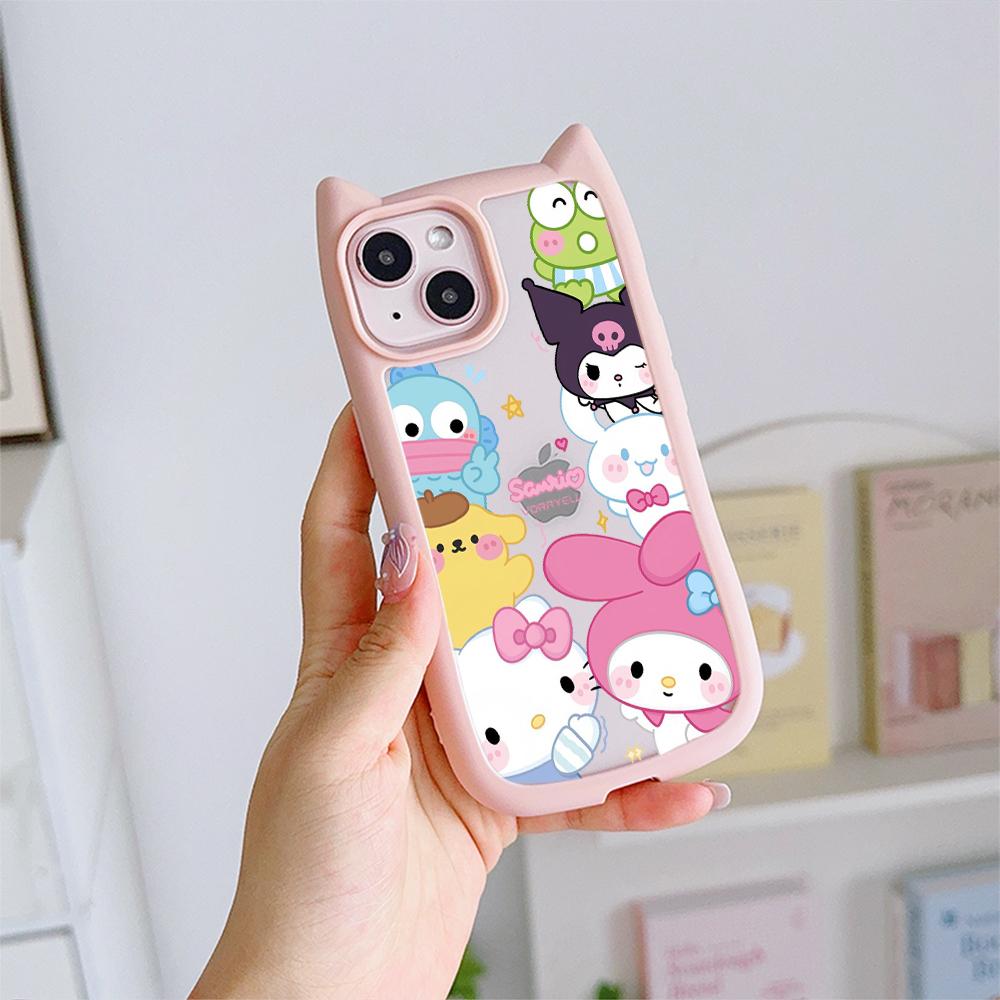 

Sanrio Hello Kitty Melody Cat Ear Anti Fall Case for iPhone 16 15 14 Plus 13 12 Pro Max 11 Dustproof Hard Edge Transparent Cover iPhone 11