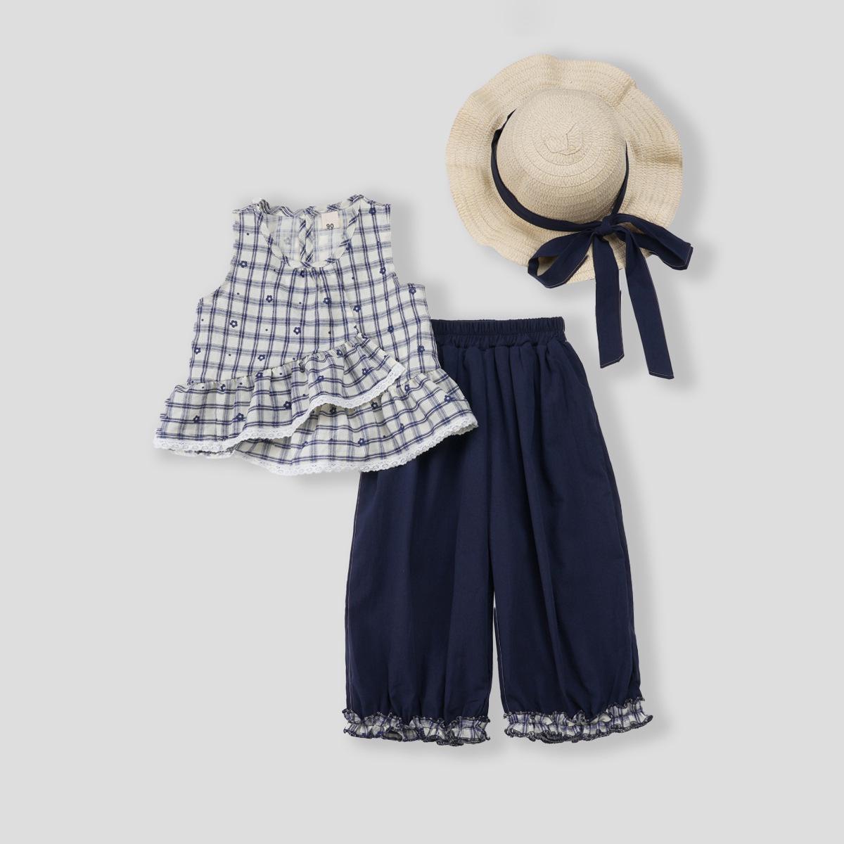 Girls Retro Plaid Sleeveless Top and Wide-Leg Pants Set with Hat for Summer Size 100