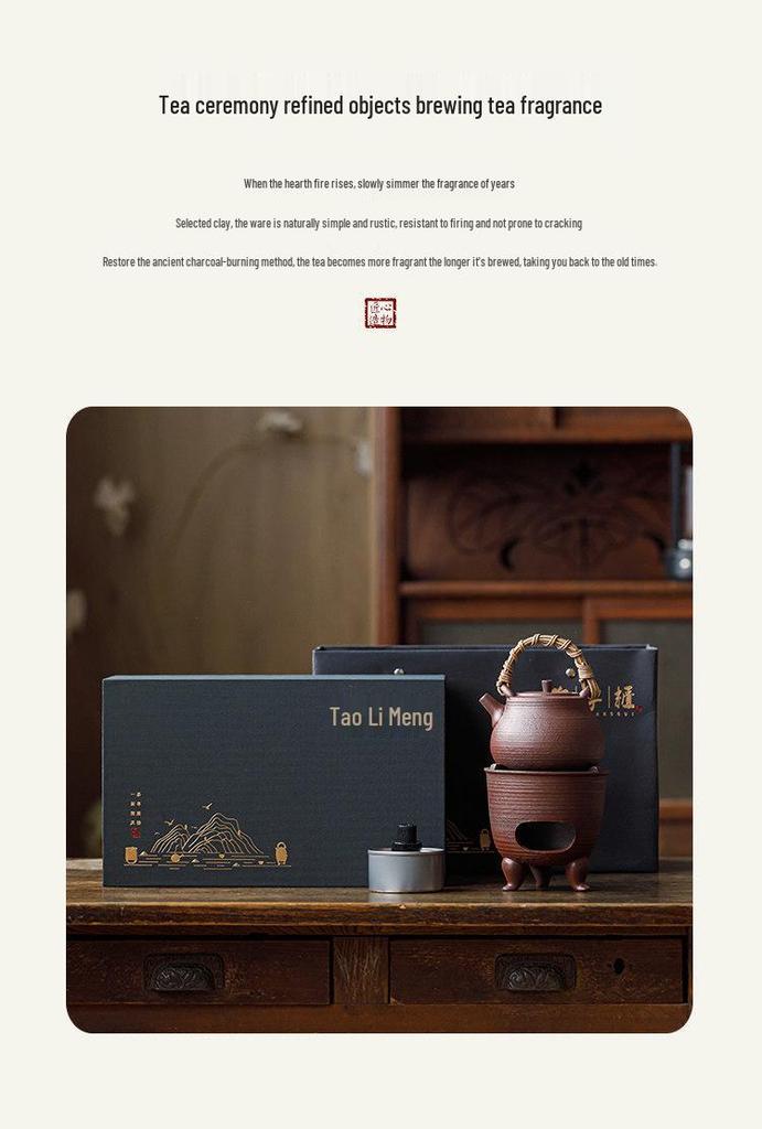Guanlan Retro Chinese Coarse Pottery Tea Stove Set with Handle for Outdoor Camping