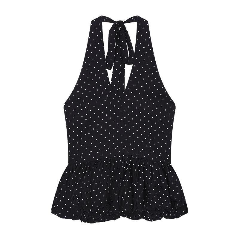 Sweet Wind Black Polka Dot Neck V-neck Vest Women's Summer Design Niche Slim Fit Chic Beautiful Top
