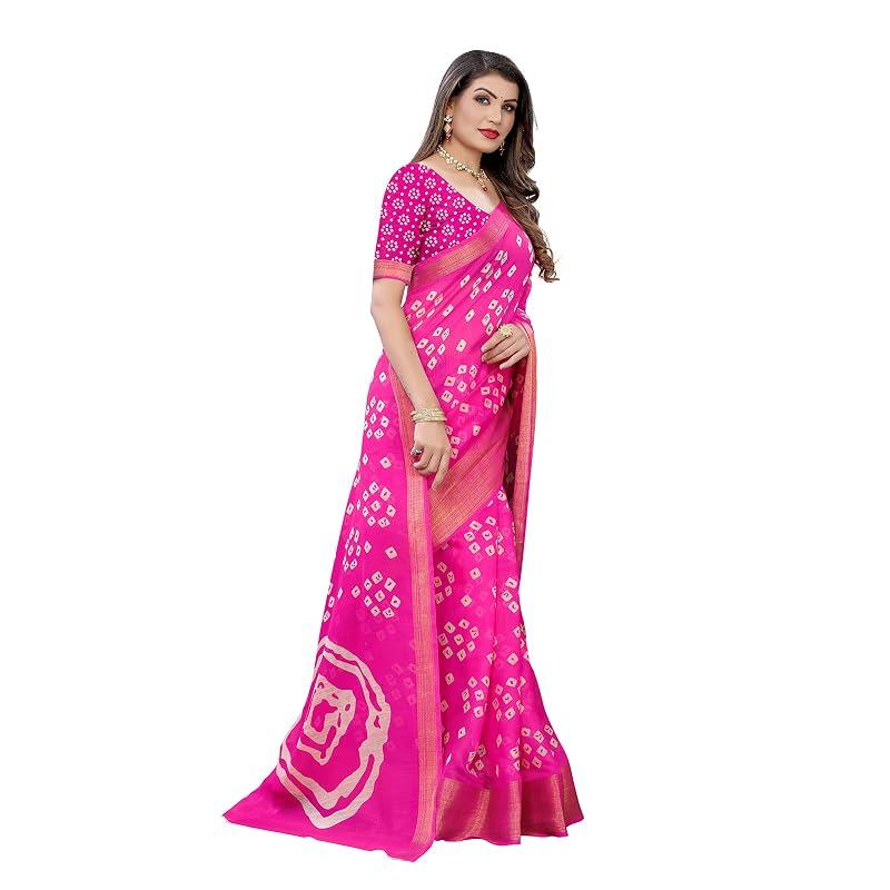 Yashika Women' Printed Linen Zari Saree With Blouse PieceRADHIKA PINK_Free
