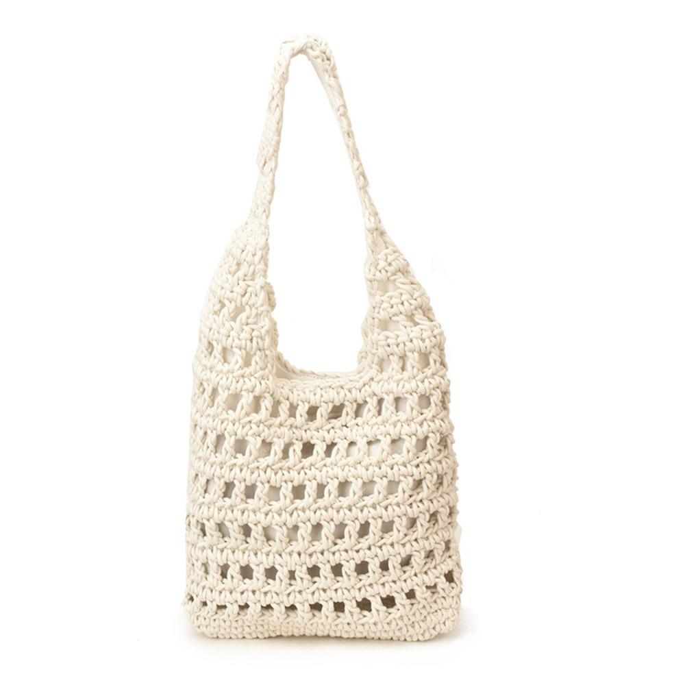 Braided Crochet Tote Bag Solid Color Beach Bag Fashion Hollow Out Knitted Weave Bag  Daily