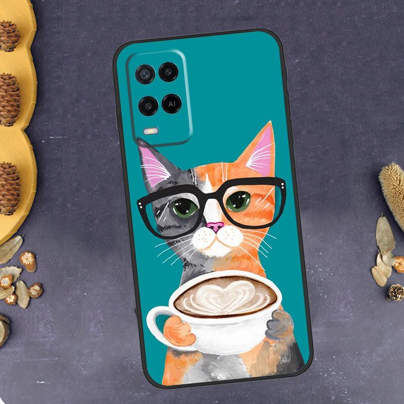 Cute Animal Cat Coffee Phone Case For Oppo A94 A74 A54 A15 A18 A38 A58 A78 A98 A40 A60 A80 A16 A76 A96 A57S A17 A77