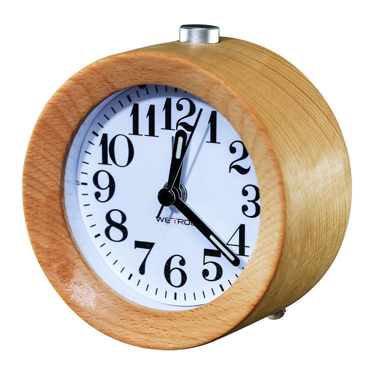 Beech Wood Silent Luminous Quartz Alarm Clock with LED Night Light