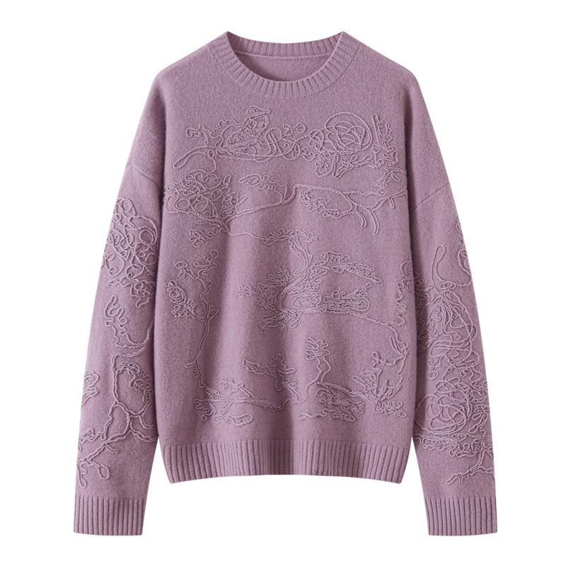 

Women s Jacquard Design Wool Sweater: French Autumn/Winter Slimming Round Neck Long Sleeve Pullover. One Size