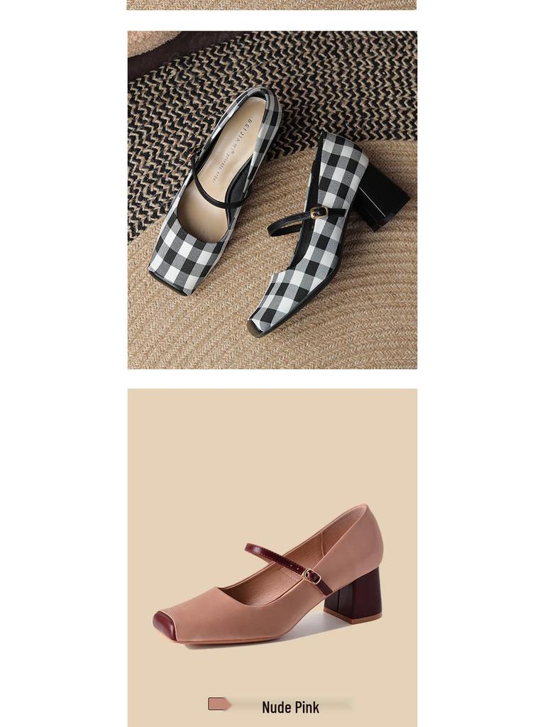 French Retro Pig Nose Square Toe Mary Jane Chunky Heels for Women - Spring/Autumn Style