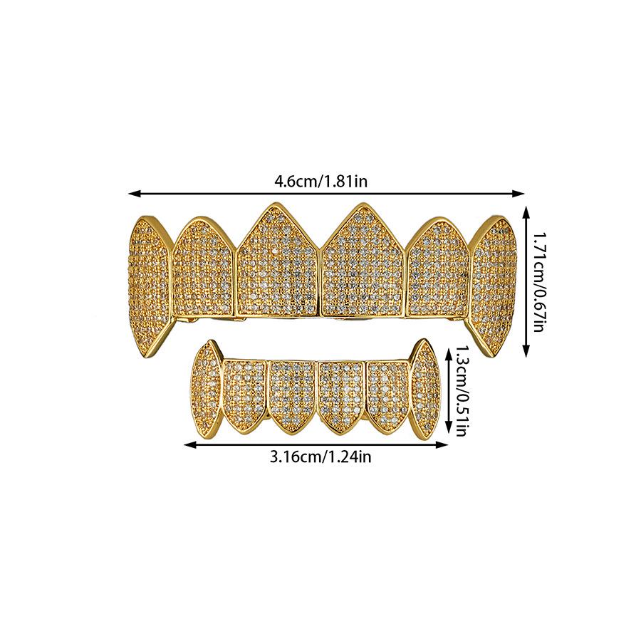 Europäische & Amerikanische Hip Hop Reißzahn-Zahnspangen mit Diamant-Inlay, Gemischtes Oberflächen-Design, Kupfer & Zirkon.