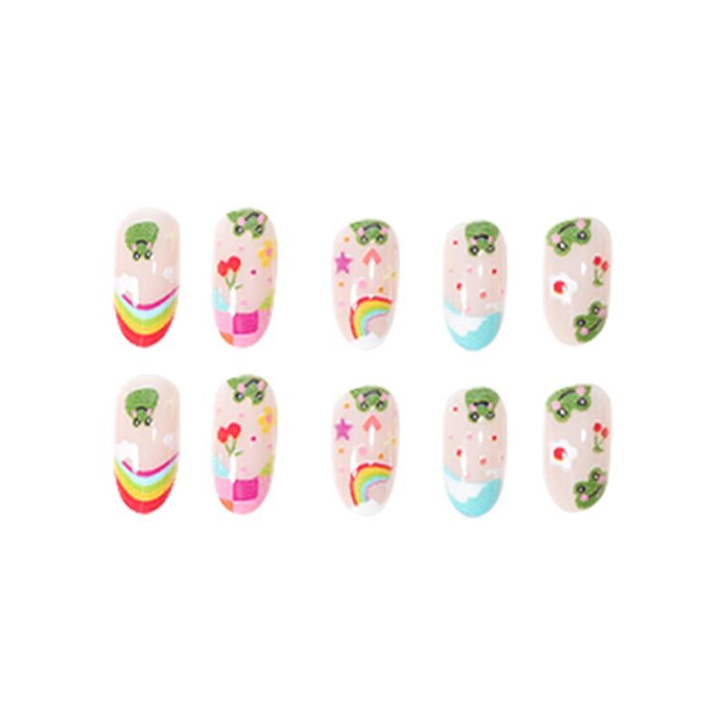 Cute Cartoon Frog Nail Art Tips Kids Girls - Rainbow Design Press-On Nails With Glue Or Gel Adhesive
