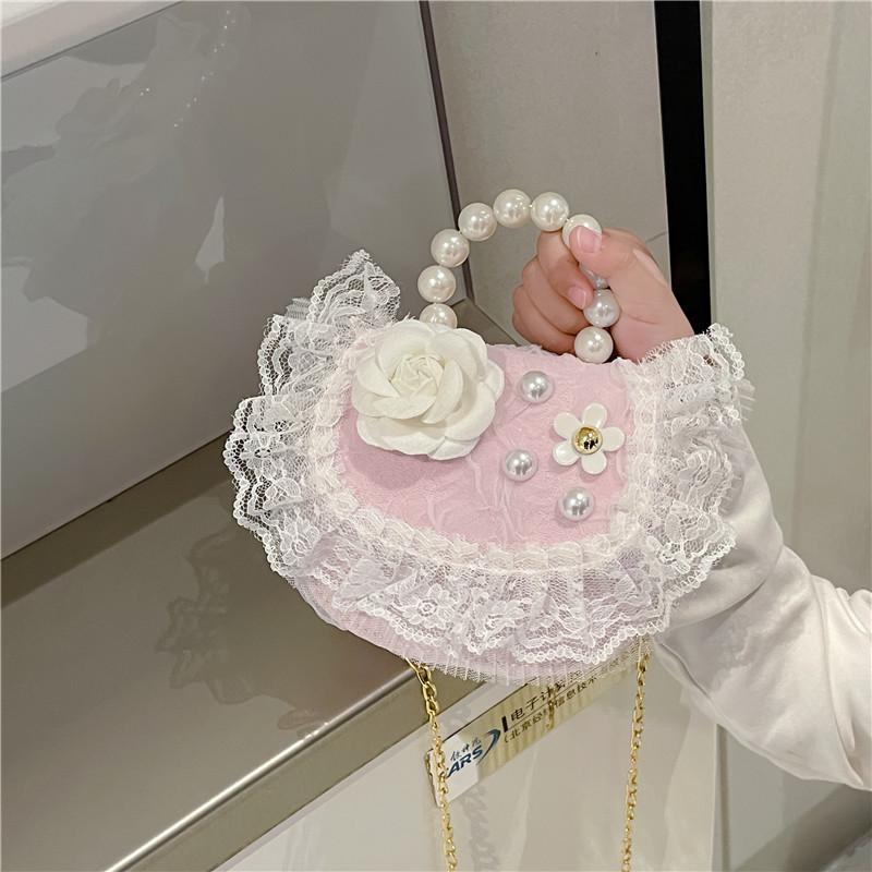 2025 new girls pearl handbag cartoon cute bow princess shoulder bag lace small satchel
