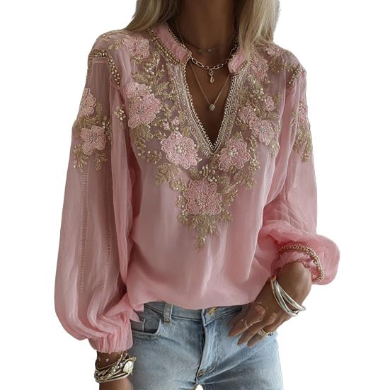 Damska Koszula Oversize z Dekoltem V Długi Rękaw Casualowa Wiosna Jesień Koszula z Wzorem Kwiatowym 3D Luźny Krój Koszula do Codziennego Użytku