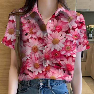 Womens Shirts Short Sleeve Button Floral Rose Printed Casual Hawaiian Beach Shirt Summer S New Unflower Blouse Women's Clothes