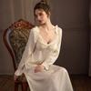 Sexy pajamas women's ice silk French style with chest pad silk long-sleeved princess style nightdress long dress pure loungewear