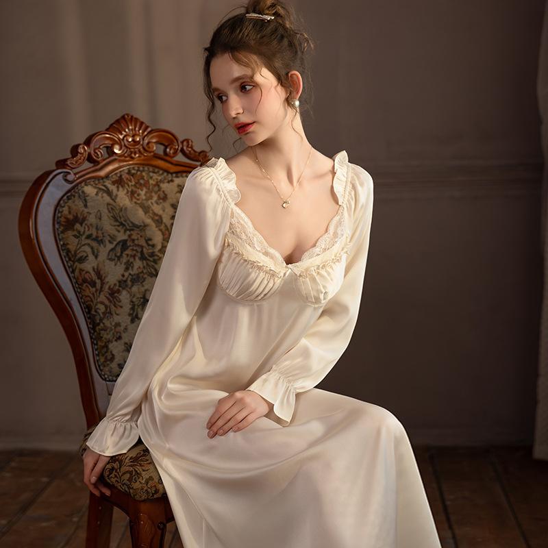 Sexy pajamas women's ice silk French style with chest pad silk long-sleeved princess style nightdress long dress pure loungewear