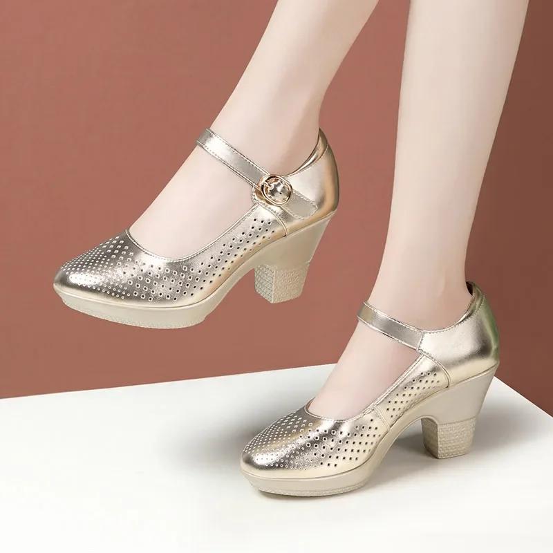 Fashion 5.5cm 7.5cm  Breathable Cutout Block Heels Shoes 2025 Soft Leather Platform Pumps for Mom Dance Model