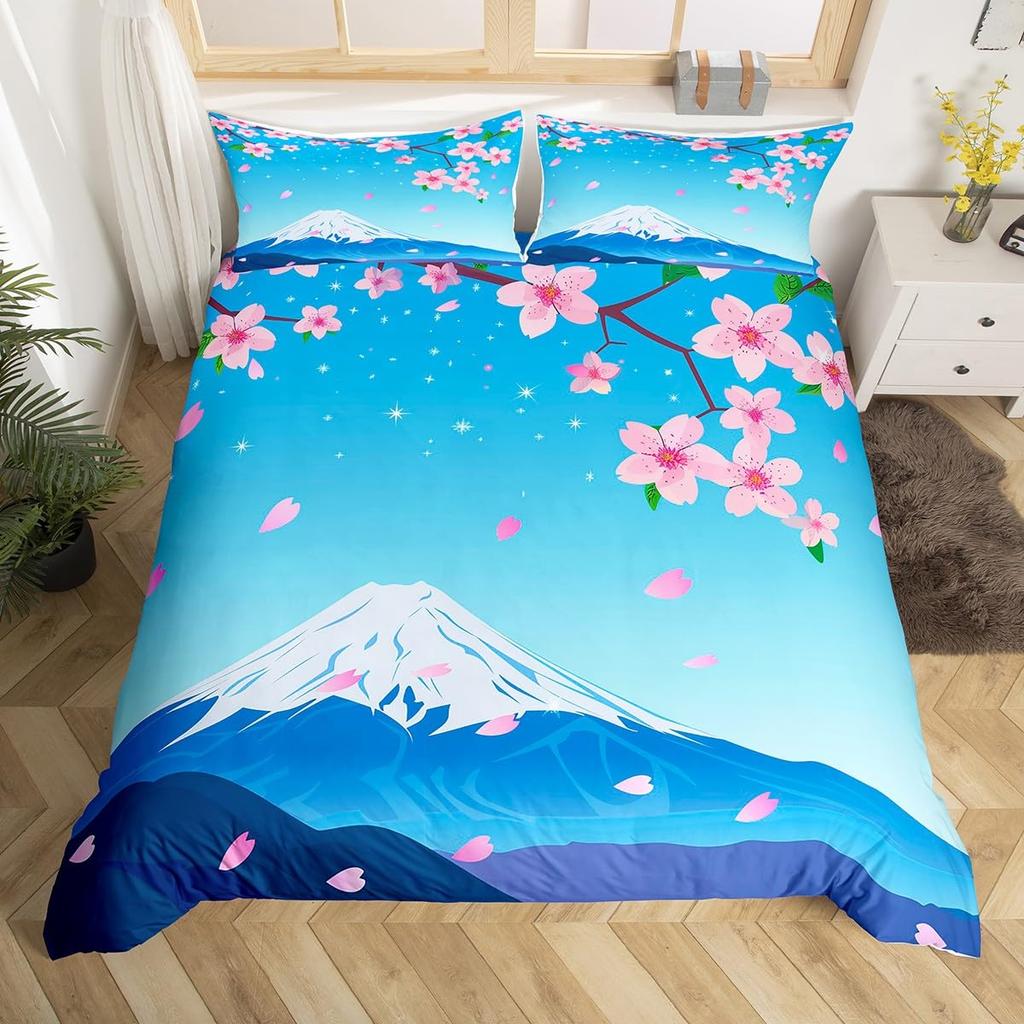 Japanese-Style Bedding Set for Kids Boys Girls Mount Fuji Comforter Cover Cherry Blossoms Duvet Cover Queen Size for Teens Adult