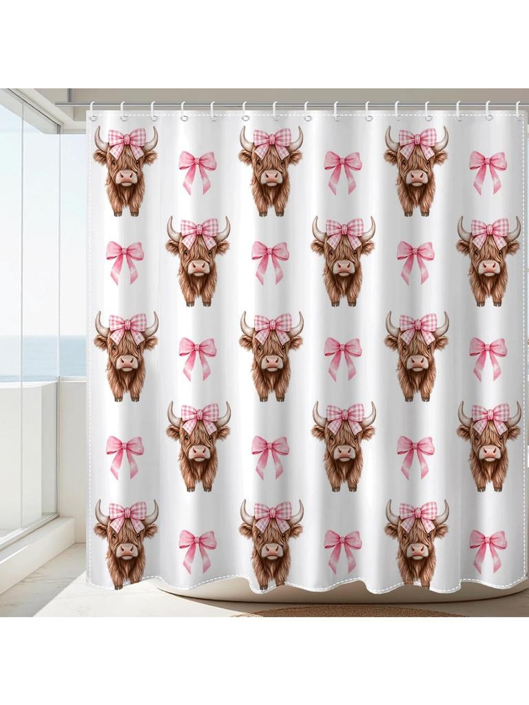 Pink Bow Shower Curtain for Bathroom Cute Funny Highland Cow Shower Curtain Waterproof Fabric Bath Curtain for Bow BathroomDecor