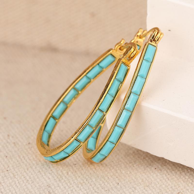 Vintage Simple Synthetic Turquoise U Shaped Golden Plated Hoop Earrings for Women's Bohemian Style Vacation Jewelry Accessories