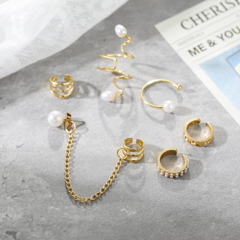 Women Fashion Earrings Set Creative Simple Pearl Tassel Ear Cuffs Earrings Jewelry Gifts For Girls