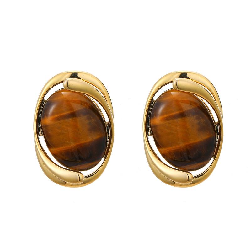 Maillard retro style tiger's eye stone stud earrings women's new Chinese high-end hollow design earrings exquisite simple earrings