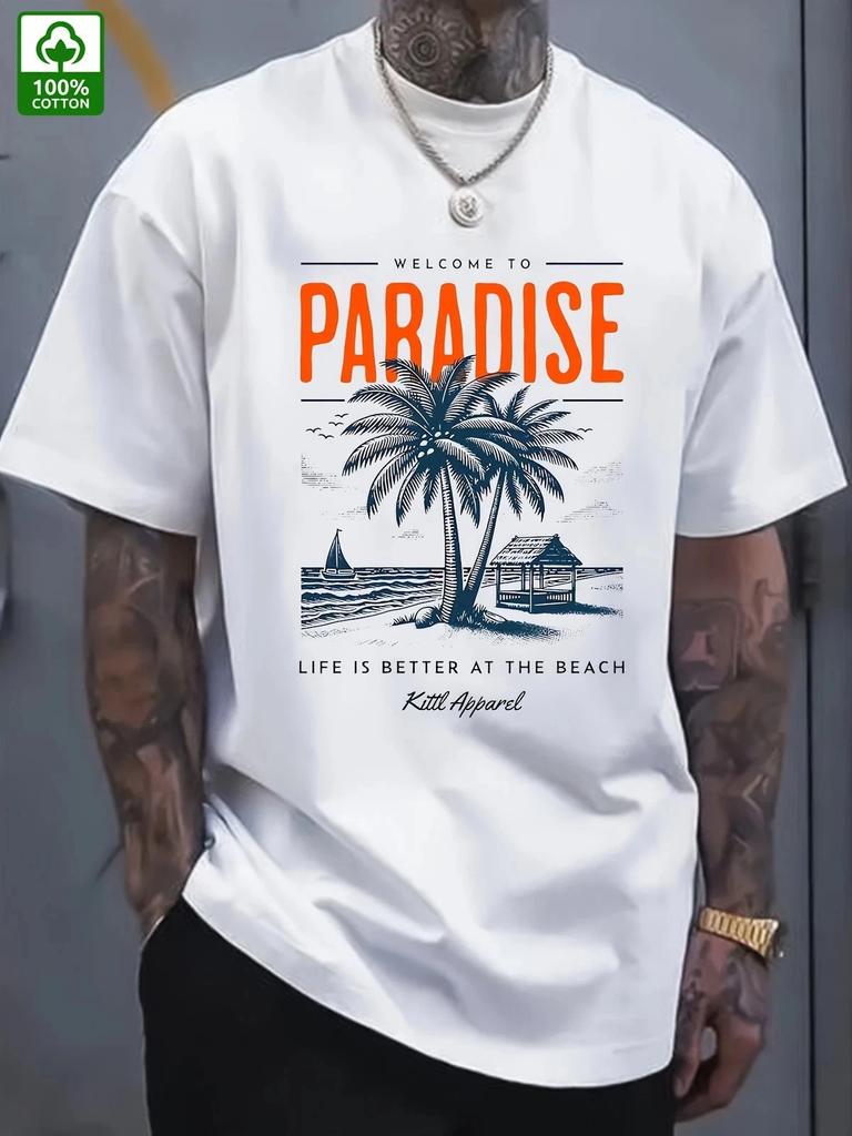 Tropical Beach Paradise Palm Tree Graphic Men’s T- Shirt Summer Vacation Tee