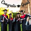Pre-Strung Congrats Grad Banner - Black Glitter Graduation Party Banner with Cap, Congratulations Graduate Decor, High School College Graduation