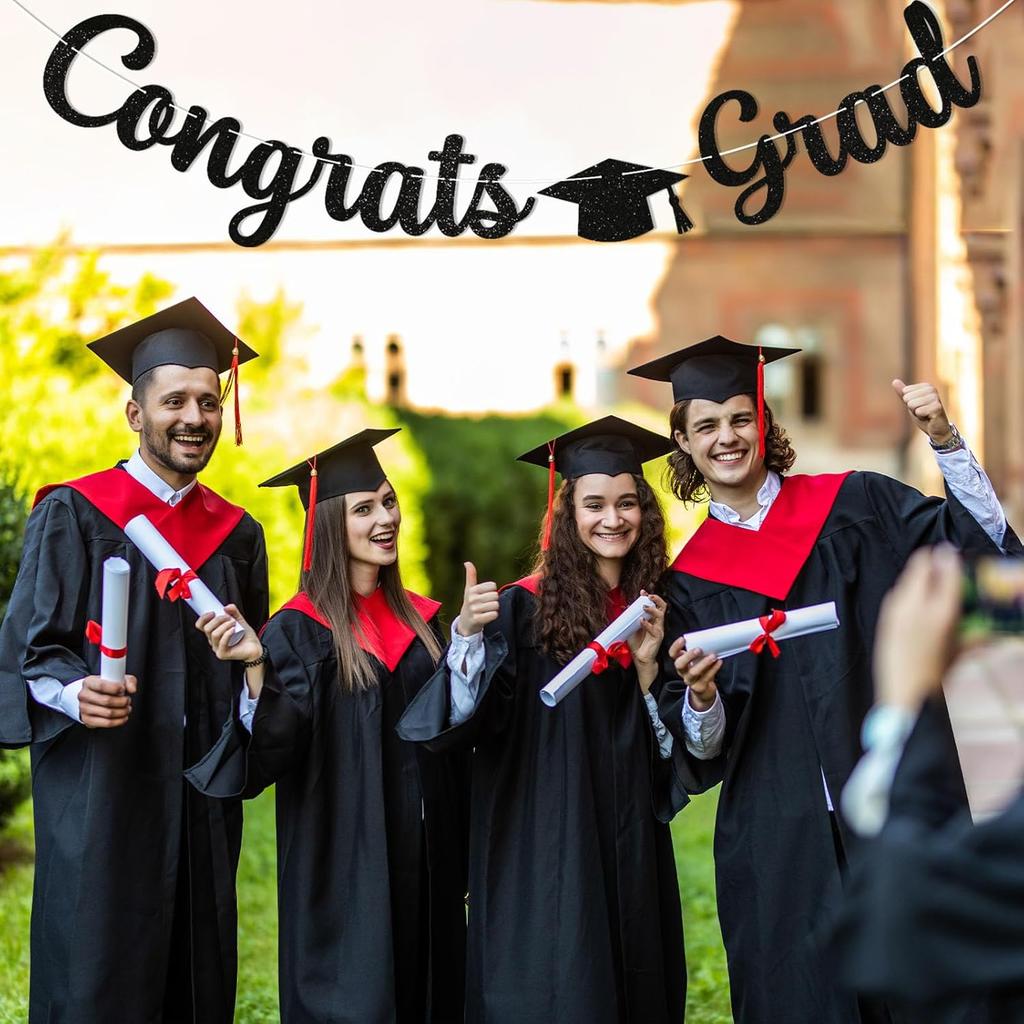 Pre-Strung Congrats Grad Banner - Black Glitter Graduation Party Banner with Cap, Congratulations Graduate Decor, High School College Graduation