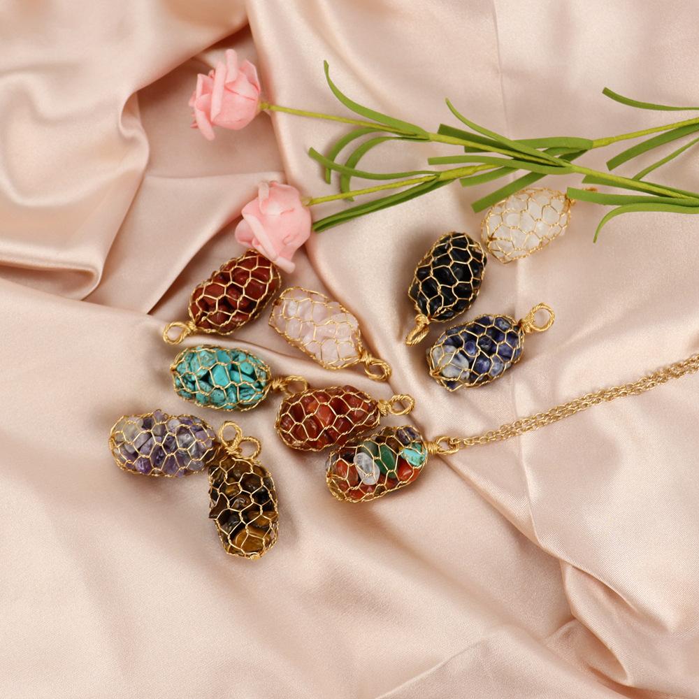 Natural Colorful Crystal Gravel Amethyst Copper Wire Hand-Woven Mesh Pocket Pendant Necklace N657