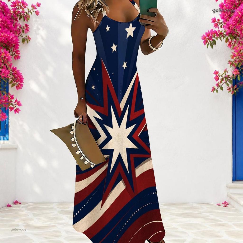 Women Plus Size Scoop Neck Strappy Sleeveless A Line White Red Printed Maxi Dress