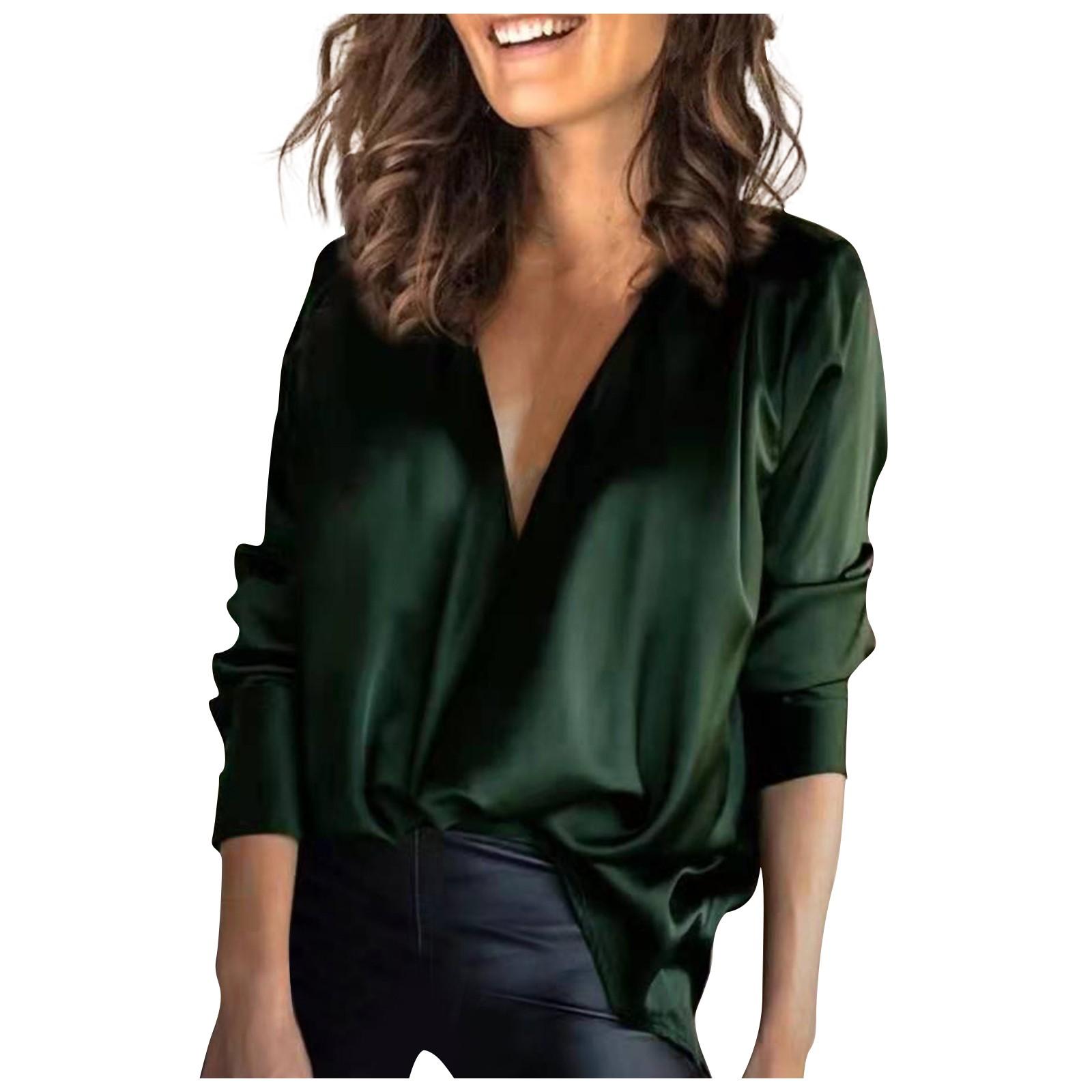 Women s Fashion Pullover V Neck Solid Satin Long Sleeve Shirt Elegant Workwear Blouse for Office Casual XXL зелёный