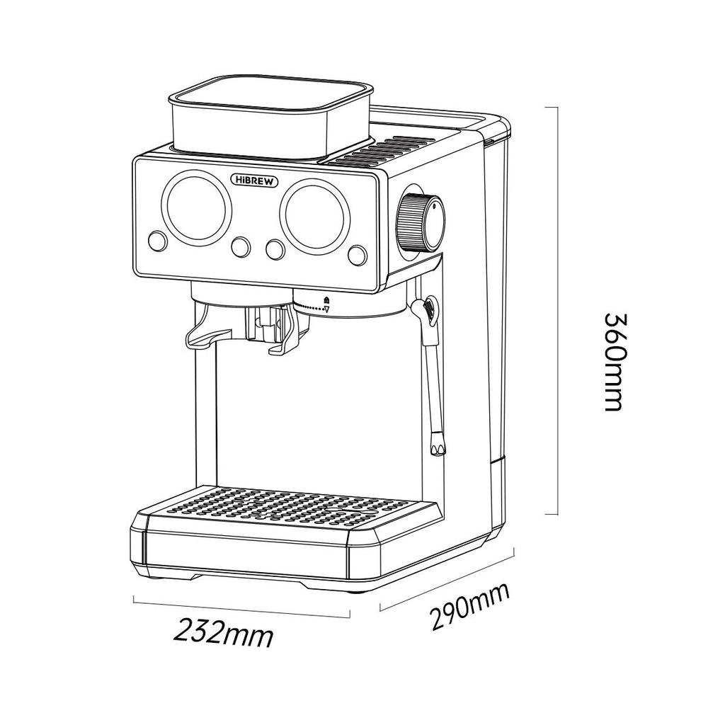 HiBREW Ekspres do kawy H20 Espresso 1350W 20Bar z wbudowanym młynkiem, spieniaczem do mleka, 20-stopniową regulacją mielenia, zbiornikiem na wodę 1,8L