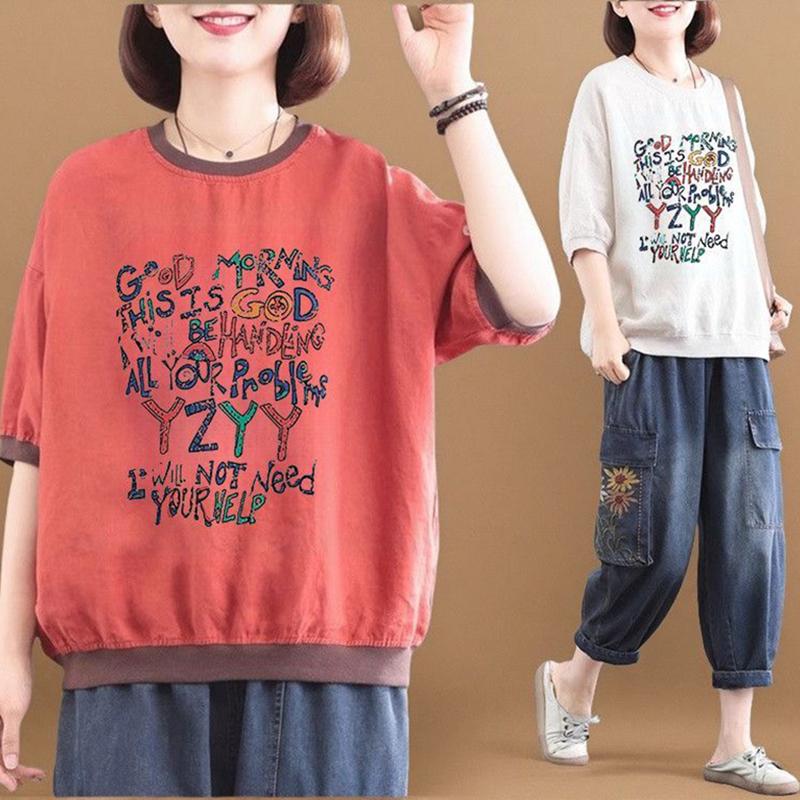 Women's Short Sleeve Shirt Japan Style Vintage Linen Tree Printed T Shirt Chic Women Blouse Loose