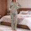 Women's pajamas fashion print long sleeve button-up top pocket pants home casual notch collar V-neck two-piece set
