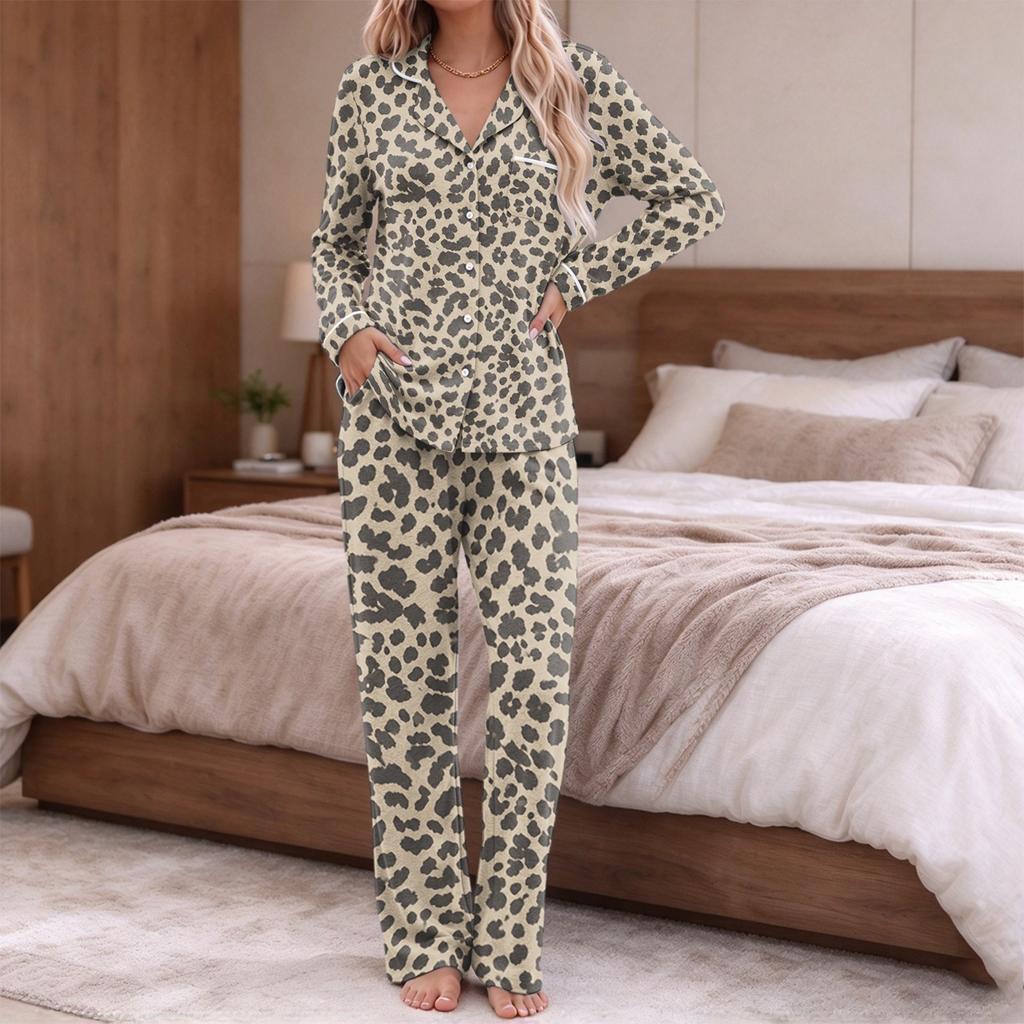 Women's pajamas fashion print long sleeve button-up top pocket pants home casual notch collar V-neck two-piece set