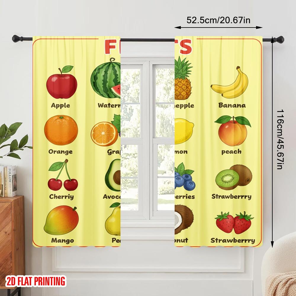 2pcs 2D Flat Printing Curtain Fruit Chart Learning Educational Polyester Without Electricity Birthday Party Use for Home Decor