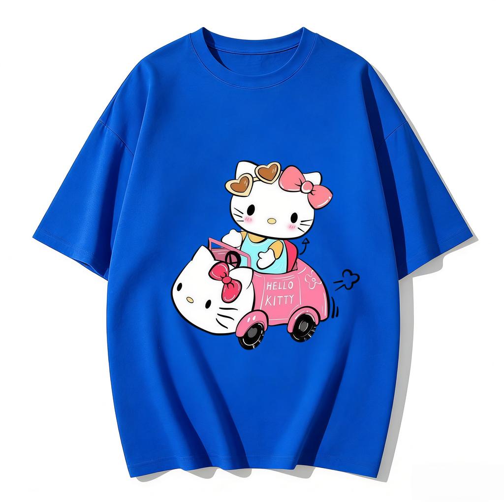 2026 Summer Trendy Cute Hello Kitty Driving Pink Car Graphic Couple Tshirts Streetwear Family Matching Parentchild Clothing