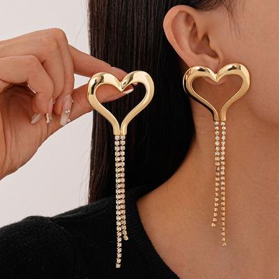 Temperament Heart Earrings Rhinestone Drop Earrings Fashion Long Tassel Earrings  Women