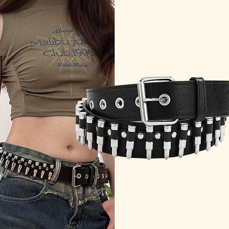 Rivet Hollow Bullet Decoration Belt  Leather Studded Goth Rock Wild Adjustable Women Punk Black Belt